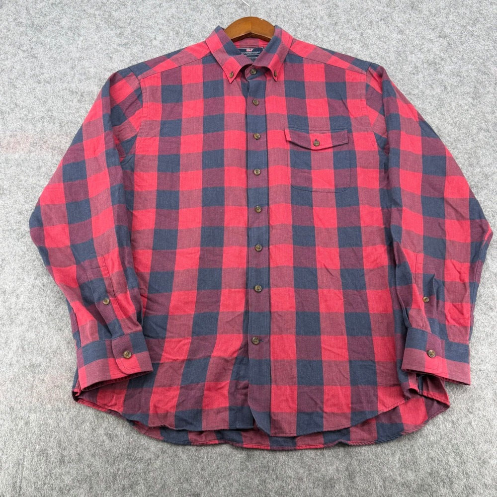 Vineyard Vines Mens Large Slim Fit Crosby Shirt Red Navy Buffalo Check Linen
